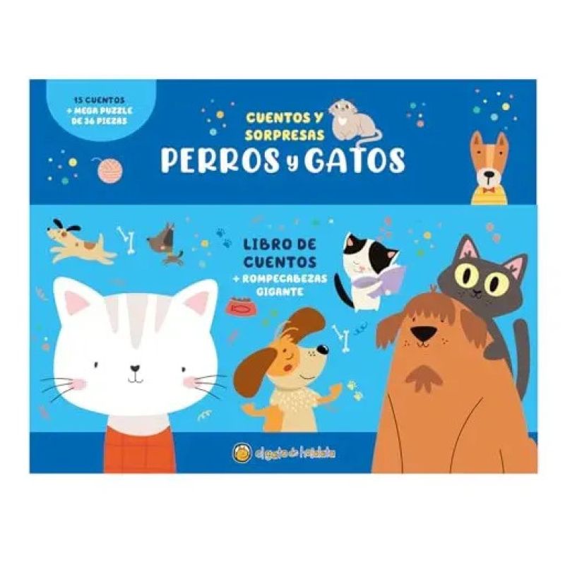PERROS Y GATOS - CUENTOS Y SORPRESAS - 15 CUENTOS + MEGA PUZZLE DE 36 PIEZAS (Nuevo)