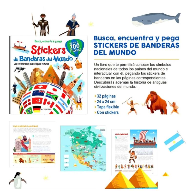 BUSCA, ENCUENTRA Y PEGA STICKERS DE BANDERAS DEL MUNDO - LOS CONTINENTES Y SUS ANTIGUAS CULTURAS (Nuevo) - Miniatura 2