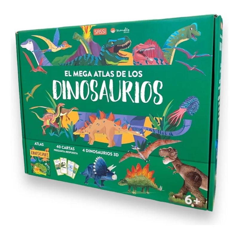 MEGA ATLAS DE LOS DINOSAURIOS, EL - 40 CARTAS PREGUNTA-RESPUESTA - 4 DINOSAURIOS 3D (Nuevo)