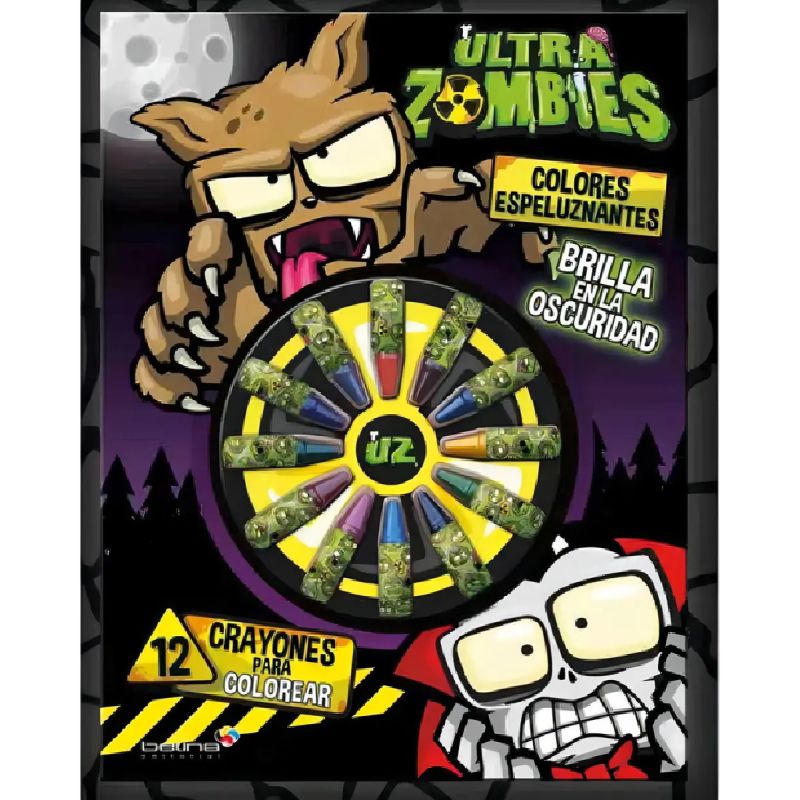 ULTRA ZOMBIES RUEDA DE COLORES ESPELUZNANTES - BRILLA EN LA OSCURIDAD - 12 CRAYONES PARA COLOREAR (Nuevo)