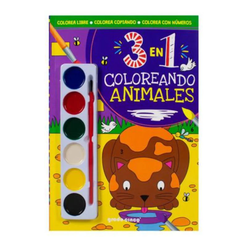 COLOREA ANIMALES - 3 EN 1 - 6 ACUARELAS + 1 PINCEL (Nuevo)
