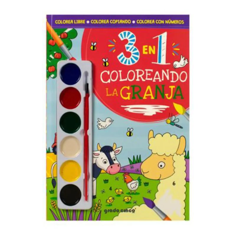 COLOREANDO LA GRANJA - 3 EN 1 - 6 ACUARELAS + 1 PINCEL (Nuevo)
