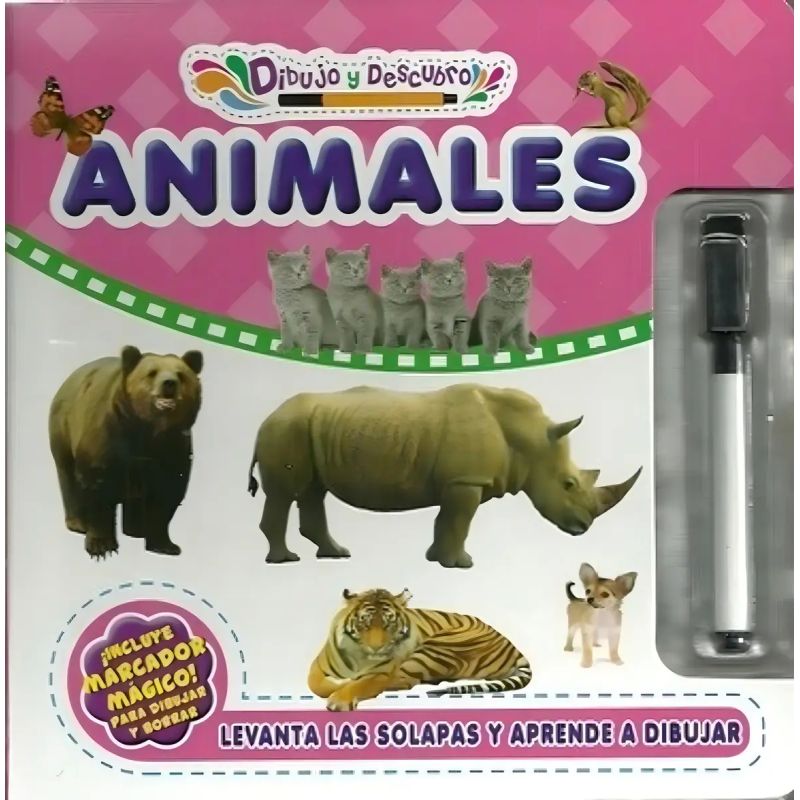 ANIMALES - DIBUJO Y DESCUBRO - CON MARCADOR PARA ESCRIBIR Y BORRAR - CARTONE (Nuevo)