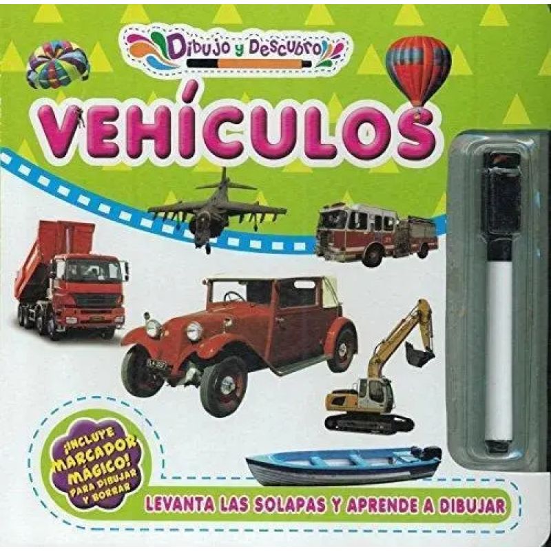 VEHICULOS - DIBUJO Y DESCUBRO - CON MARCADOR PARA ESCRIBIR Y BORRAR - CARTONE (Nuevo)