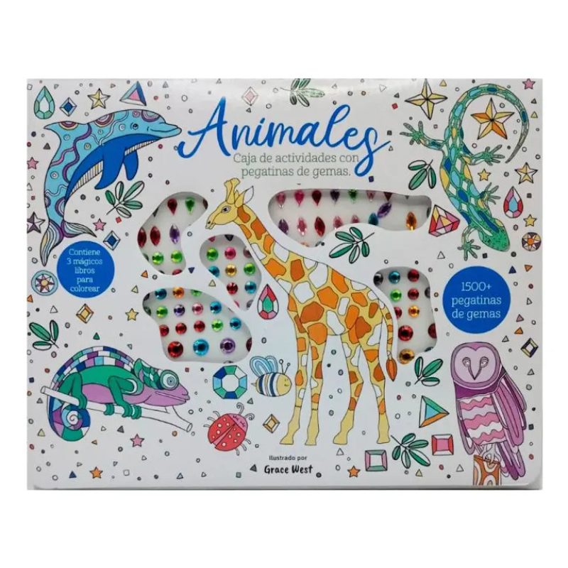 ANIMALES CAJA DE ACTIVIDADES CON PEGATINAS DE GEMAS (3 MAGICOS LIBROS PARA COLOREAR + PEGATINAS)
