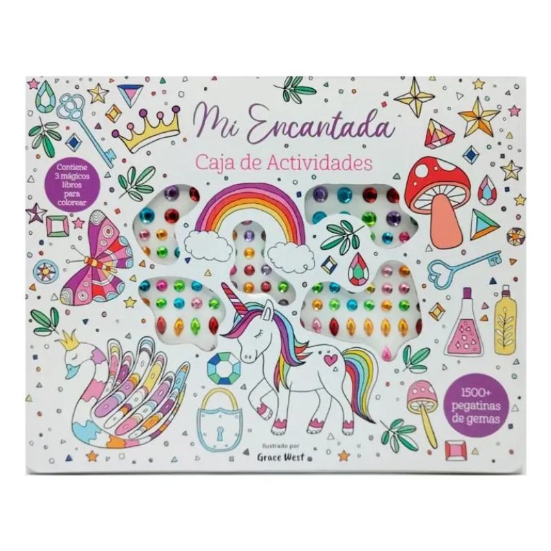 MI ENCANTADA CAJA DE ACTIVIDADES CON PEGATINAS DE GEMAS (3 MAGICOS LIBROS PARA COLOREAR + PEGATINAS)