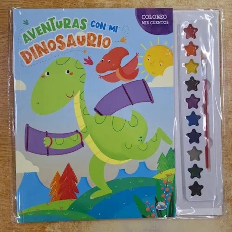 COLOREO MIS CUENTOS-AVENTURAS CON MI DINOSAURIO (incluye pincel y acuarelas)
